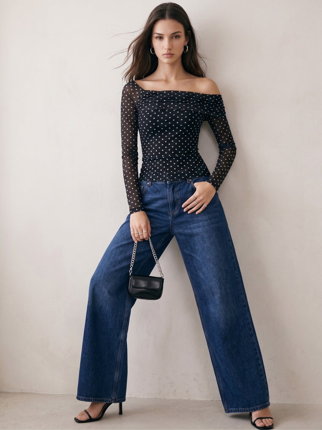 Black Polka Dot Assymetrical Off-Shoulder Top