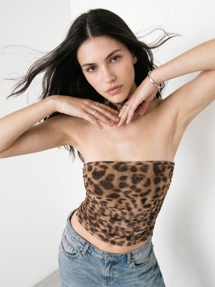 Brown Neck Wrap Leopard Printed Top