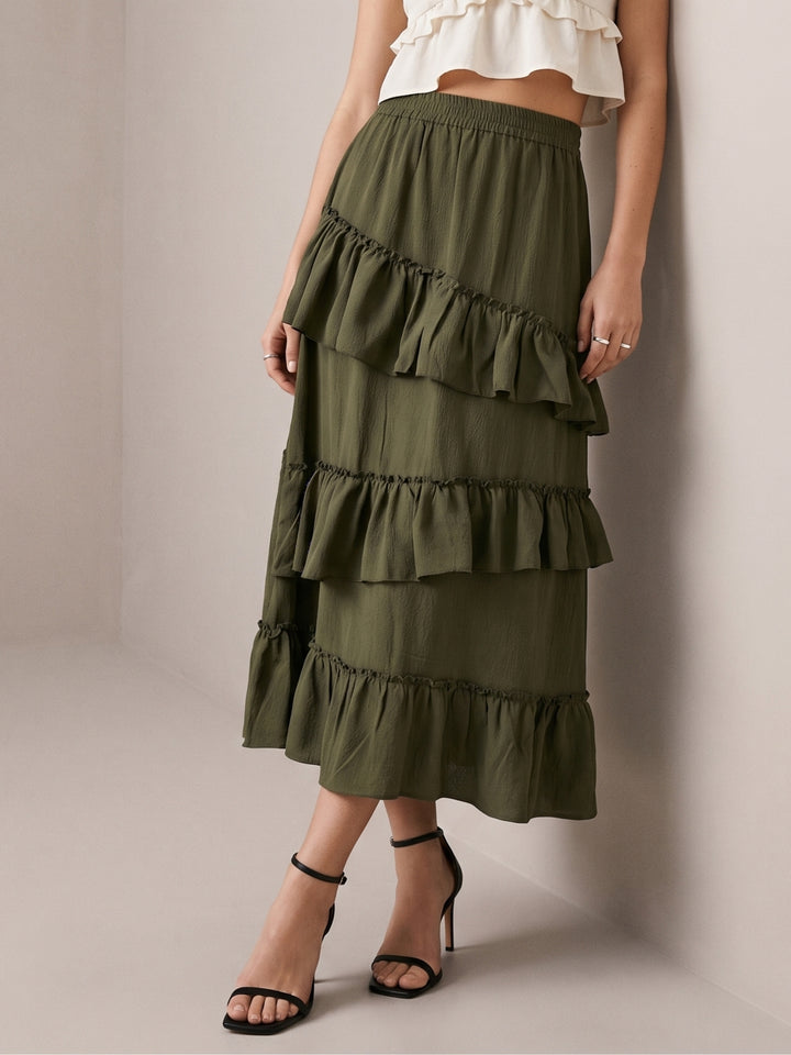 Olive Midi Skirt With Ruffle Detail