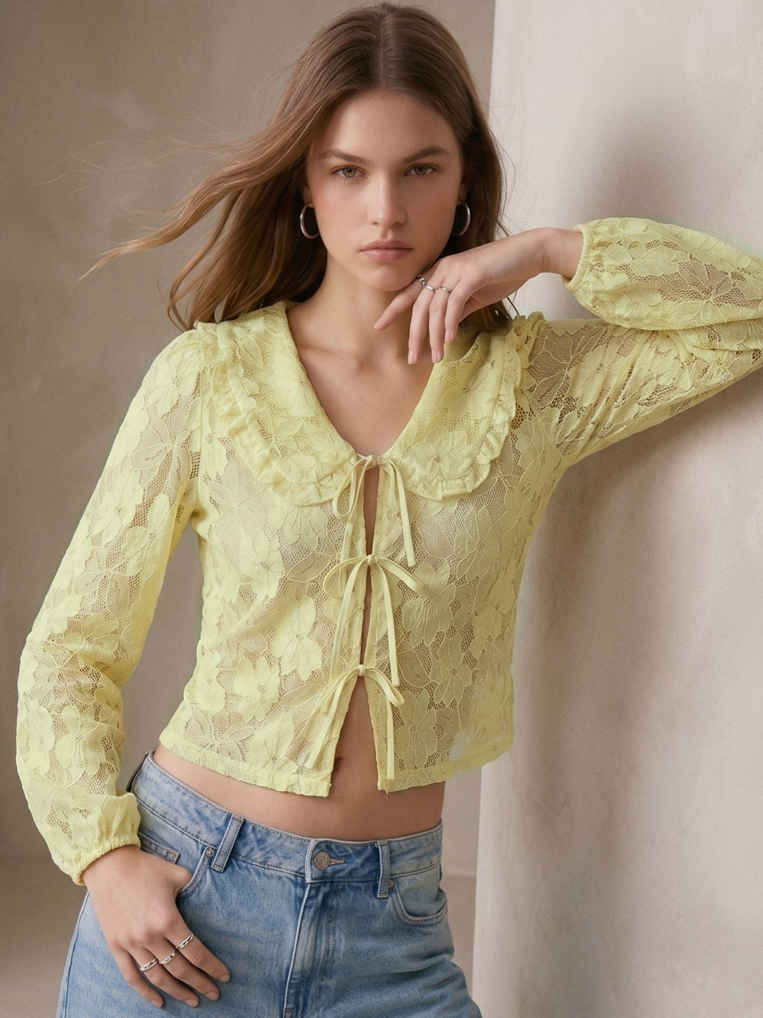 Yellow Textured Lace Front Tie-Up Top