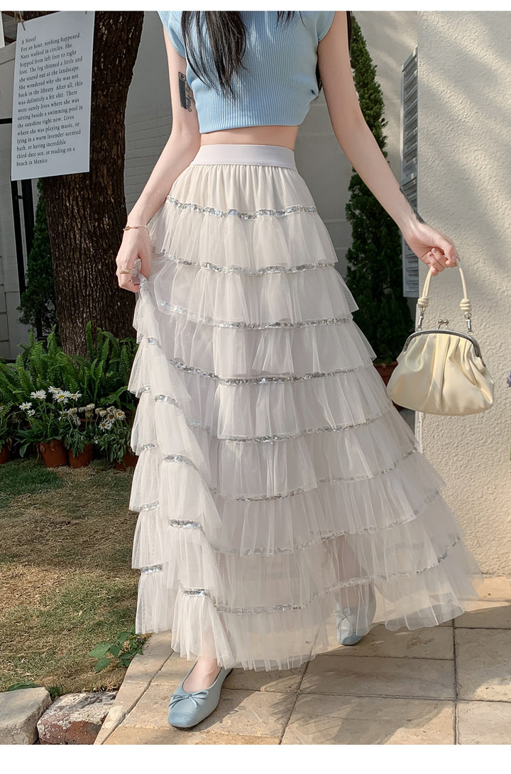 White Solid Tiered Skirt With Tonal Borders