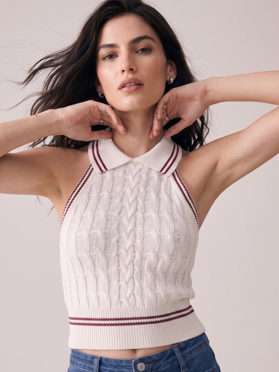 White Collared Contrast Tipping Cable Knit Tank