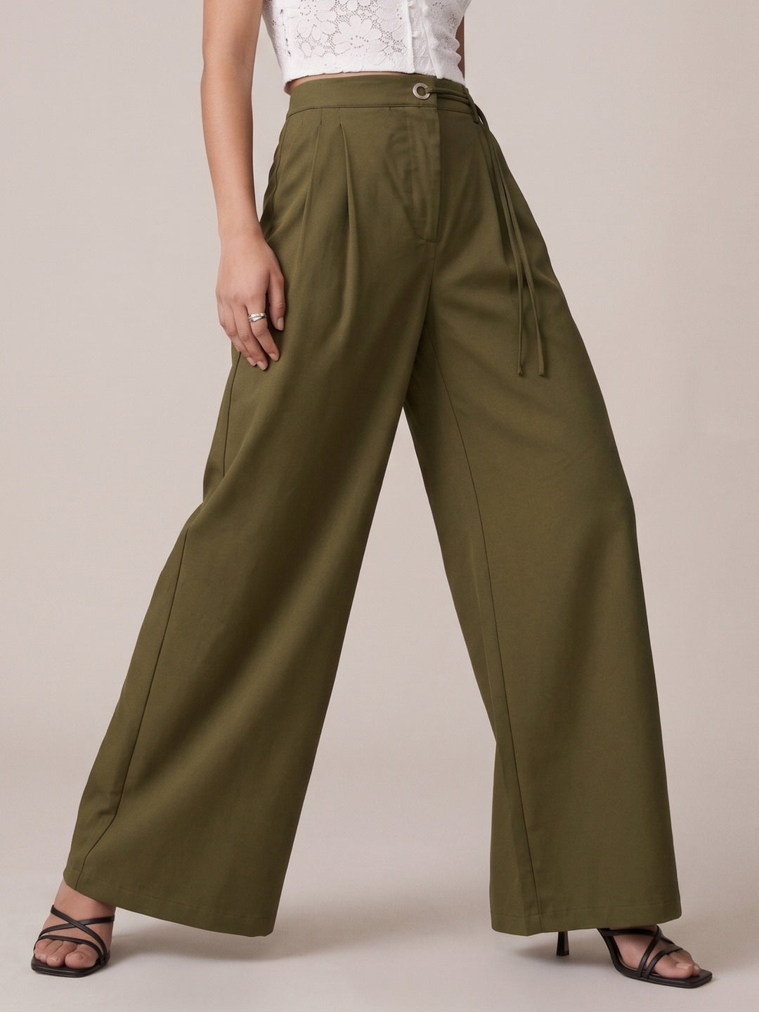Olive High-Waist Belted Wide Leg Trousers