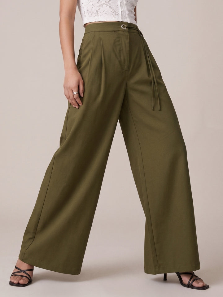 Olive High-Waist Belted Wide Leg Trousers
