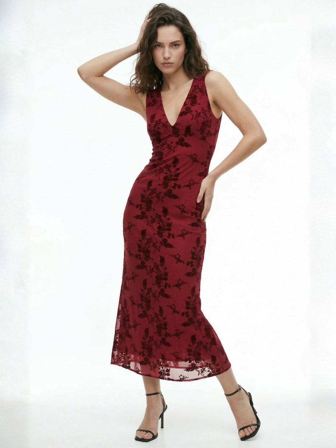Red Plunge Neck Sleeveless Printed Dress