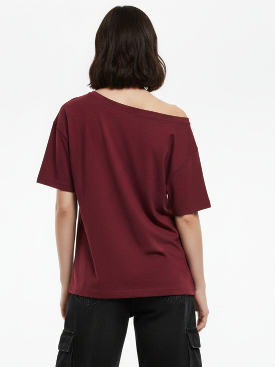 Maroon Off-Shoulder Graphic Printed T-Shirt