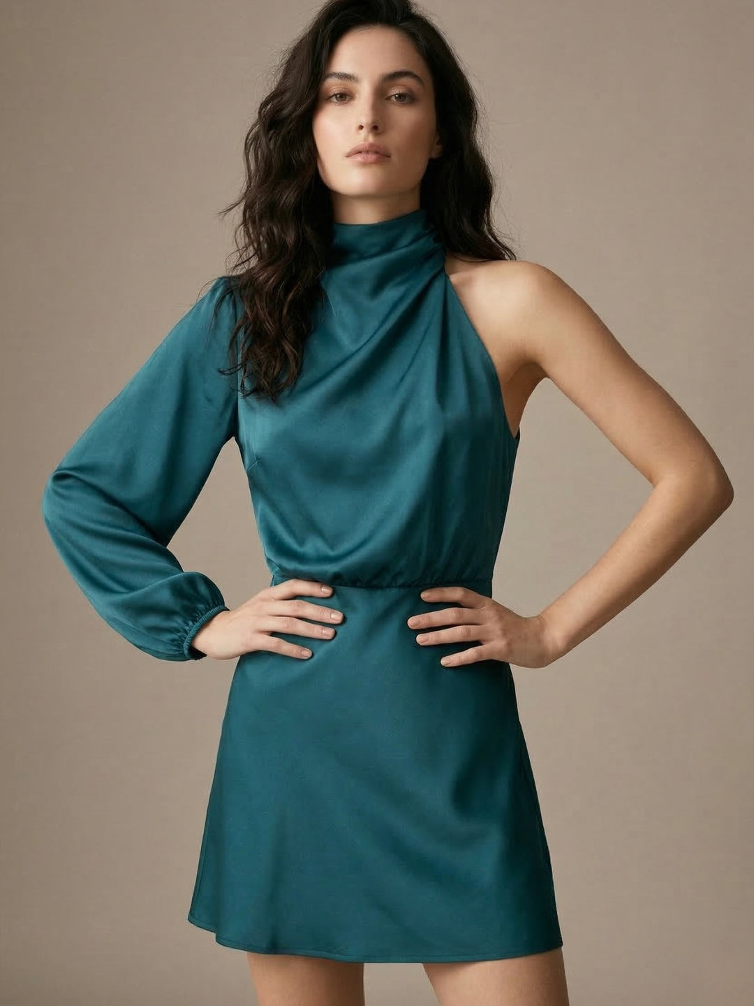 Teal Asymmetrical Neckline Dress