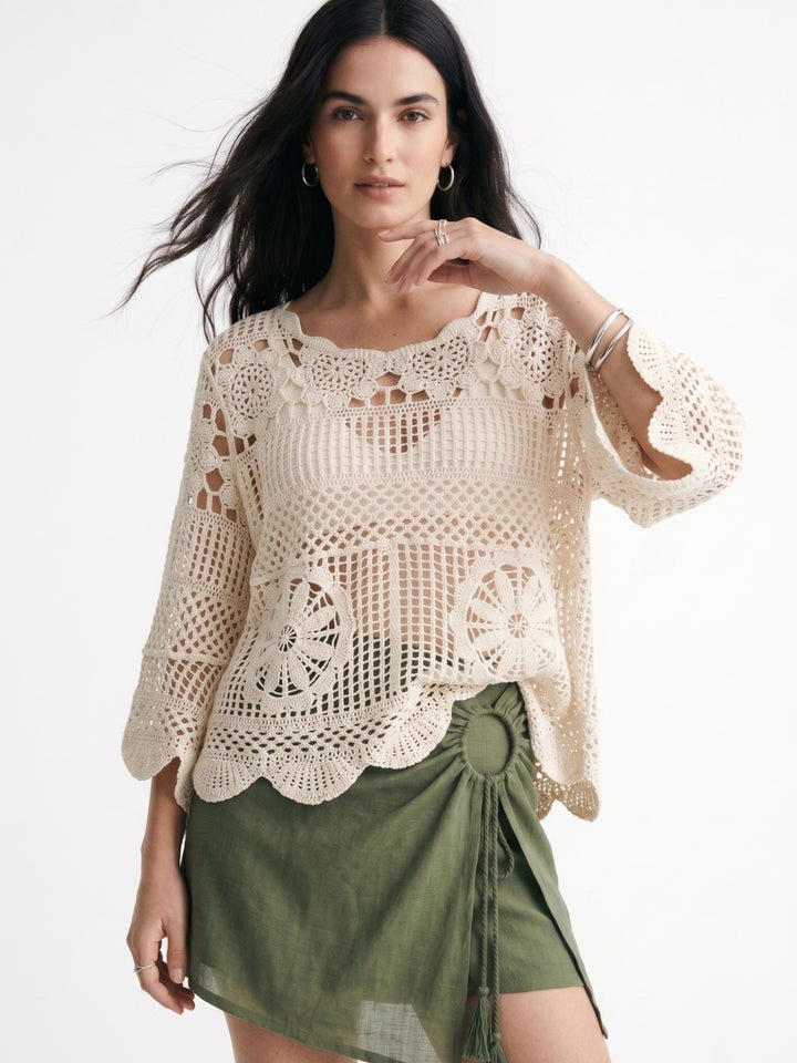 Cream Bell Sleeve Crochet Cover-Up