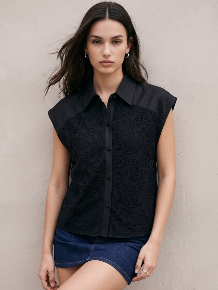 Black Lace Overlay Shirt With High Low Hemline