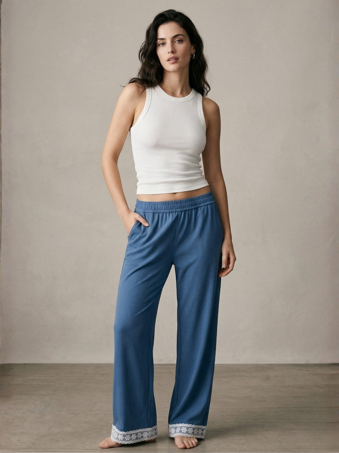 Blue High Waist Lace Hem Pant