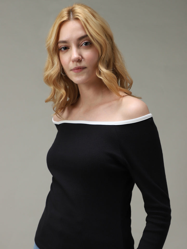 Black Contrast Tipping Ribbed Knit Top