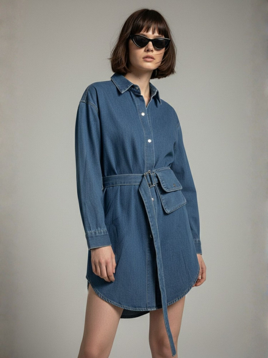 Blue Denim Dress With Belt Pocket