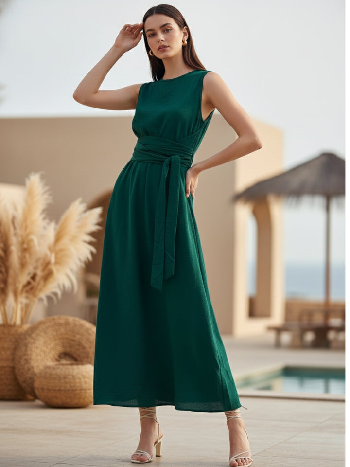Green High Neck Twisted Tie Up At Waist Detail Dress