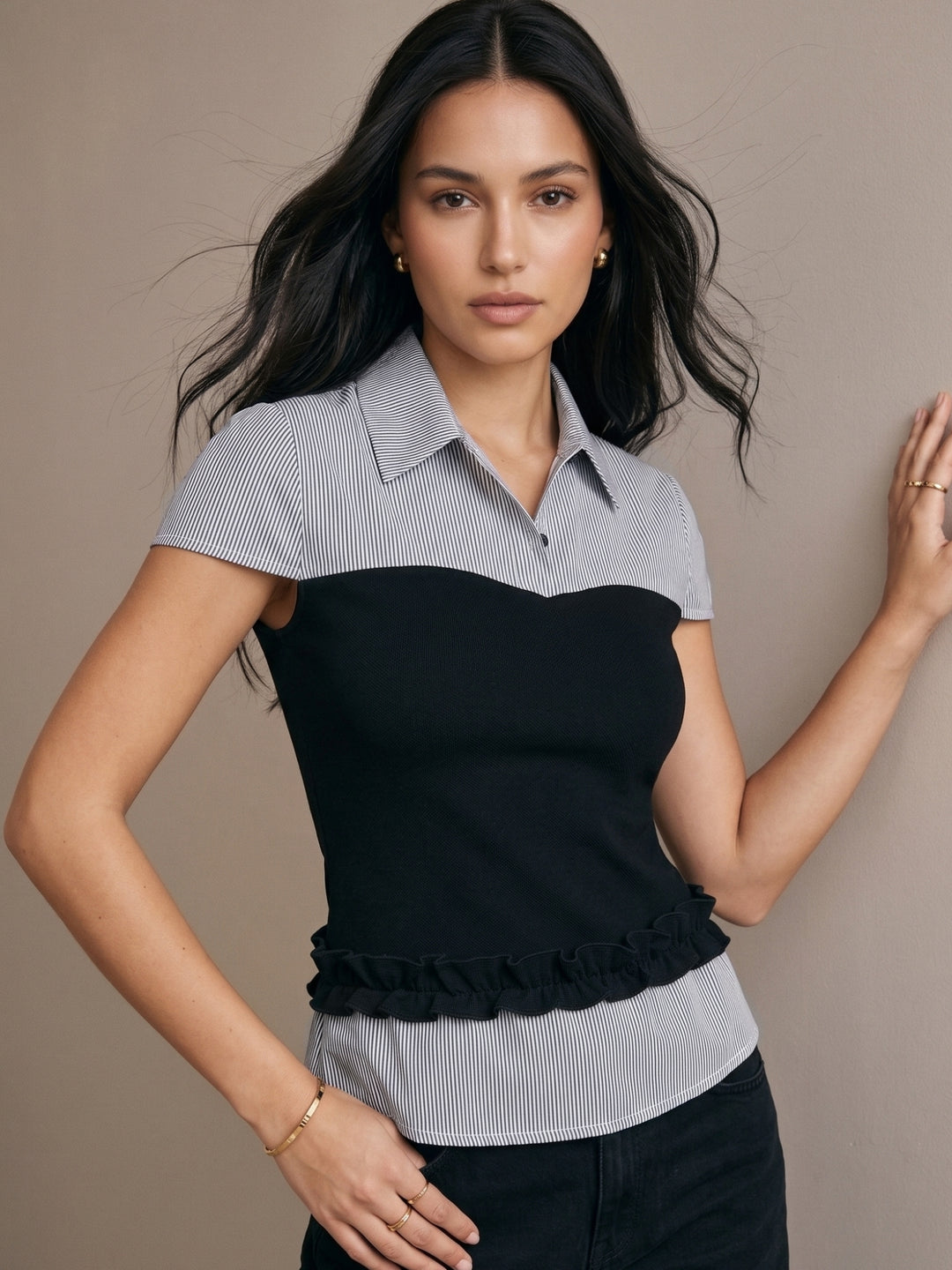 Blue Striped Fitted Shirt With Knitted Contrast Fabric Detail