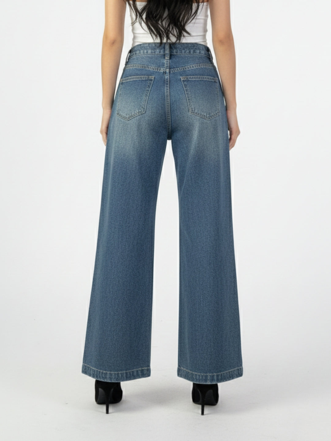 Blue High Waist Wide Leg Studded Jeans