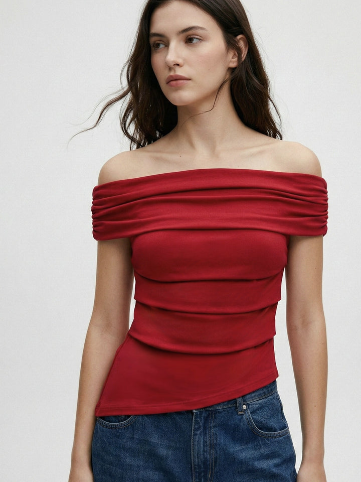 Red Off-Shoulder Basic Fitted Top