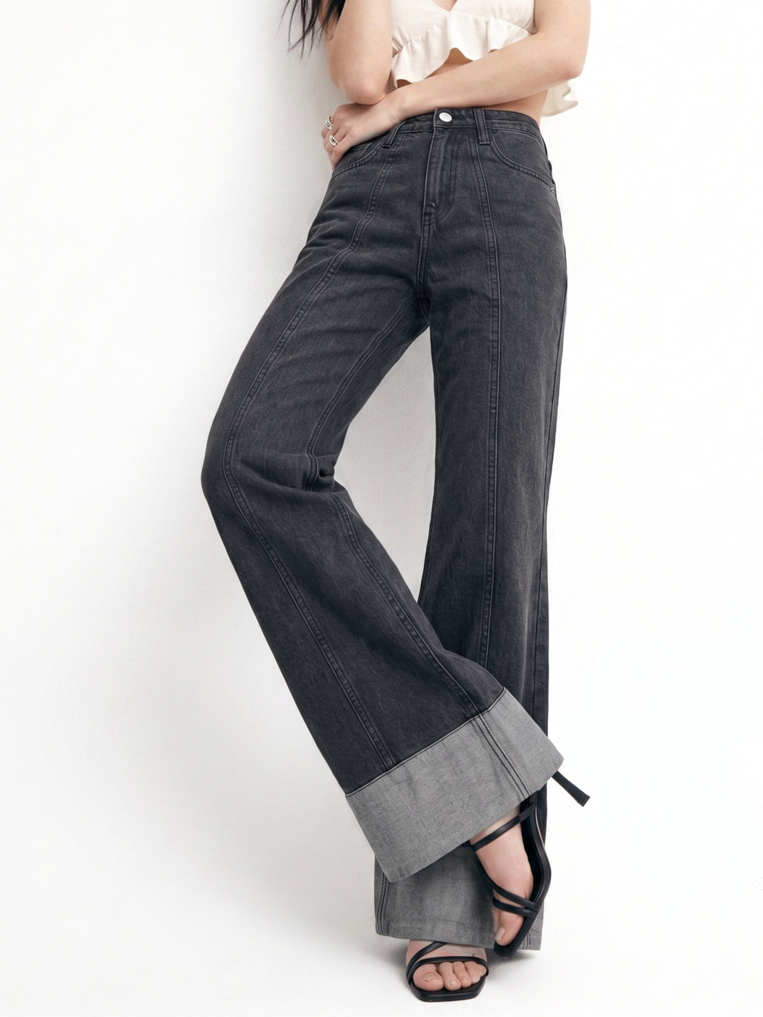 Grey Folded Hem Wide Leg Jeans
