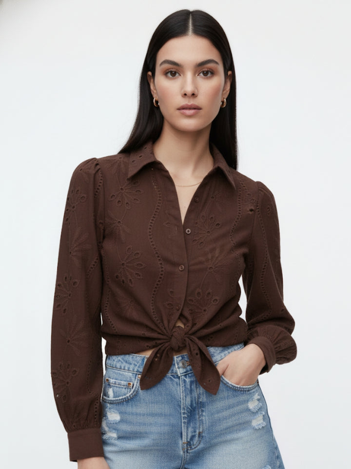 Brown Button Down Schiffli Shirt