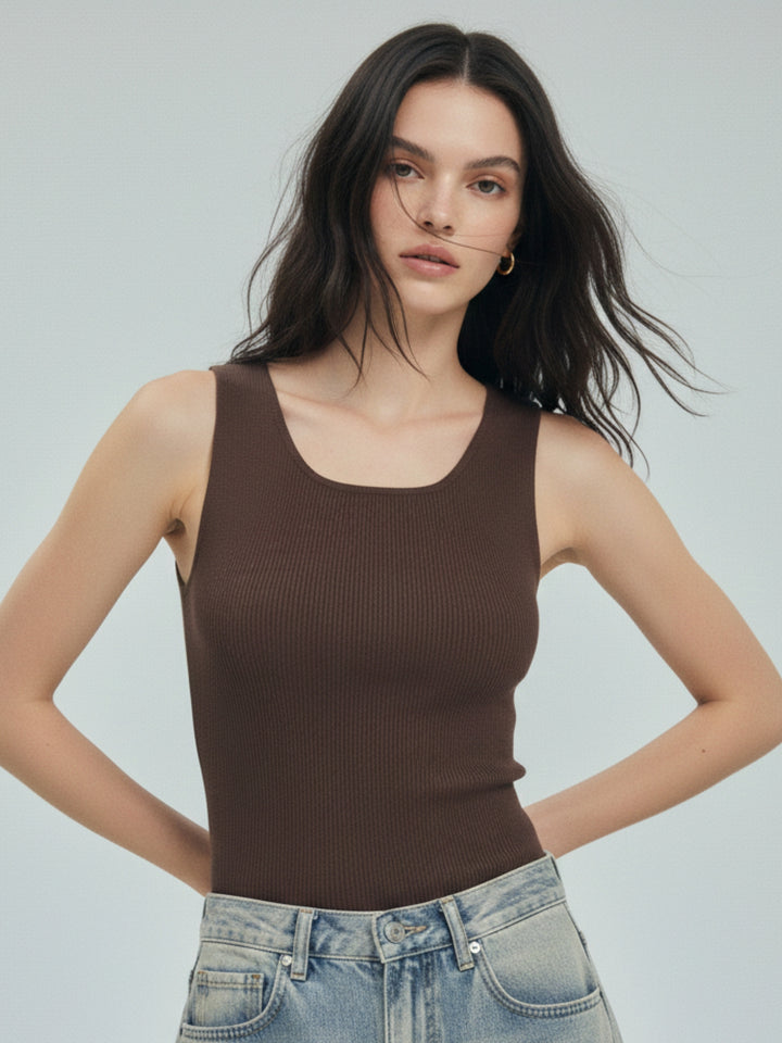 Brown Scoop Neck Basic Tank