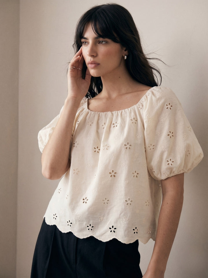 Off White Scallop Hem Square Neck Schiffli Top