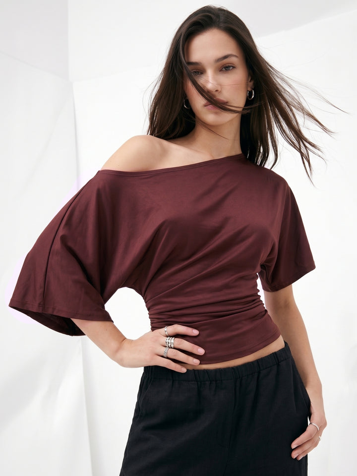 Brown Off-Shoudler Fitted Top
