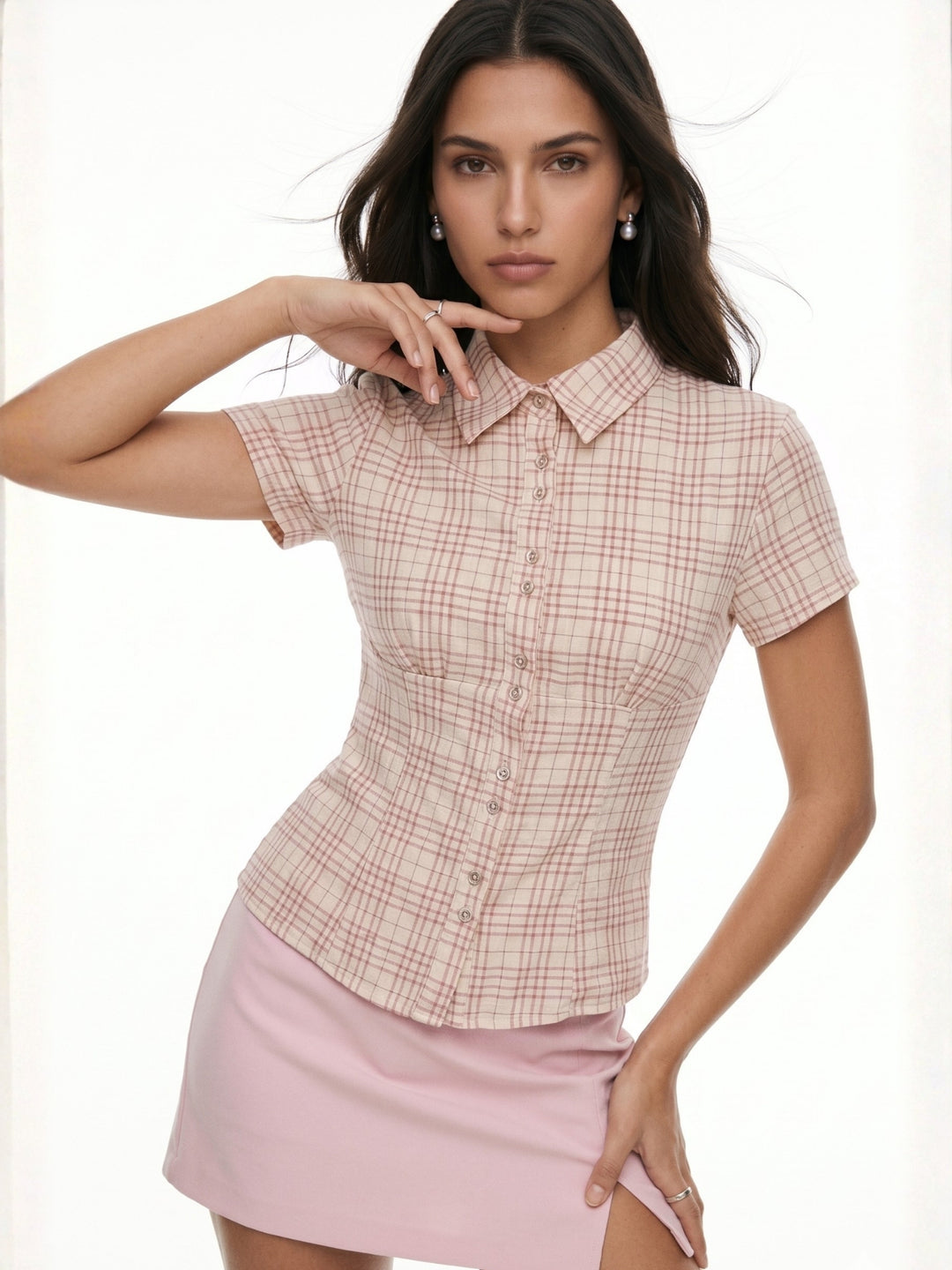 Pink Short Sleeve Collared Front Buttoned Shirt