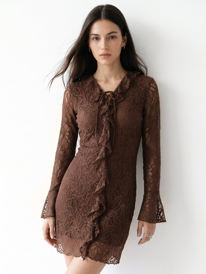 Brown Lace Dress With Ruffled Details & Flared Sleeves