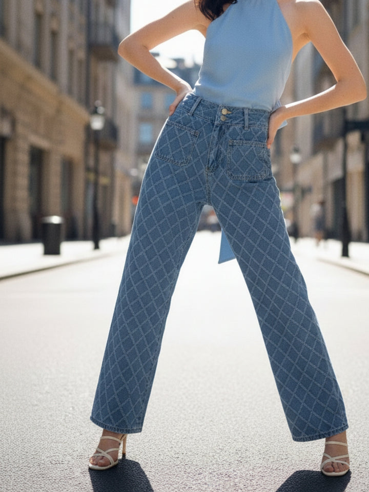 Blue High Waist Textured Jeans