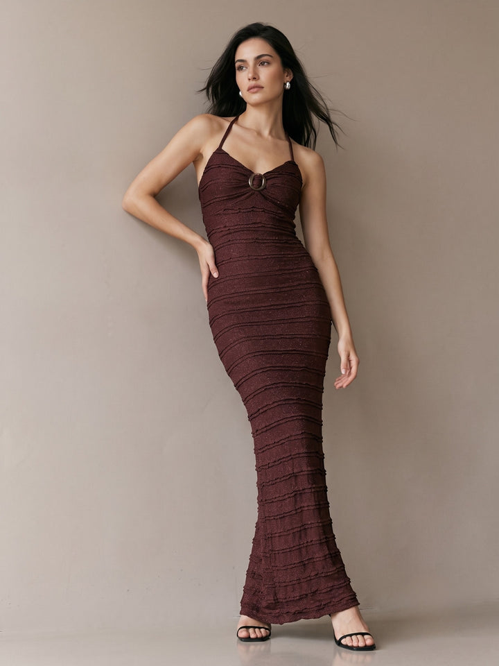 Brown Halter Neck Textured Bodycon Dress