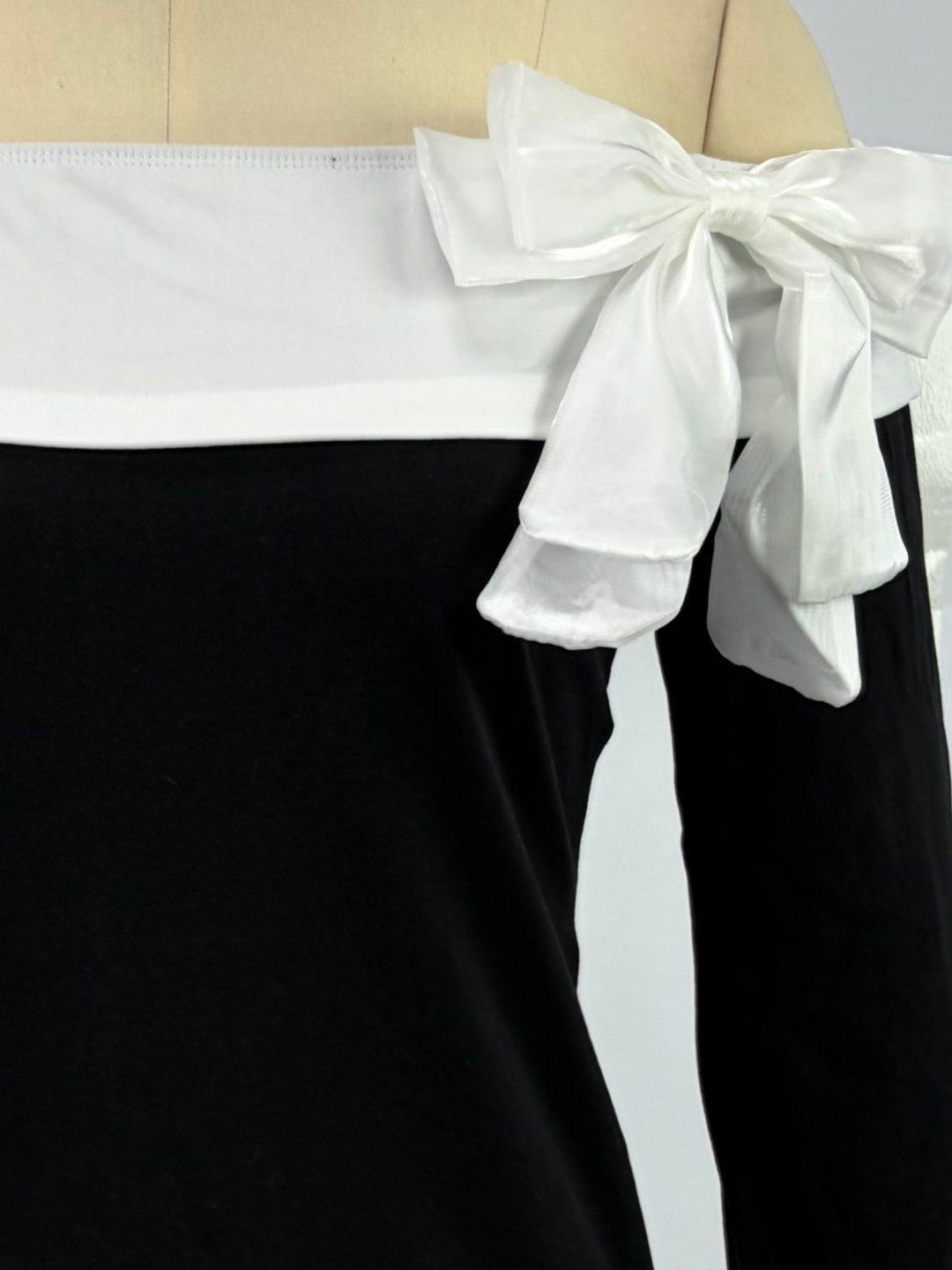 Black Off-Shoulder Fitted Top With Contrast Bow Detail