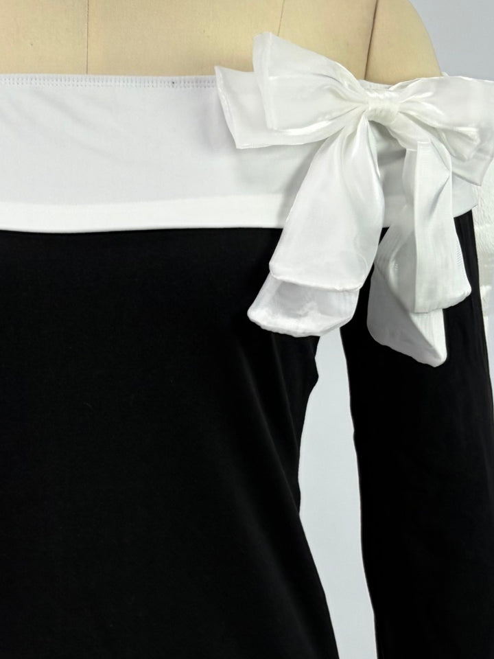 Black Off-Shoulder Fitted Top With Contrast Bow Detail