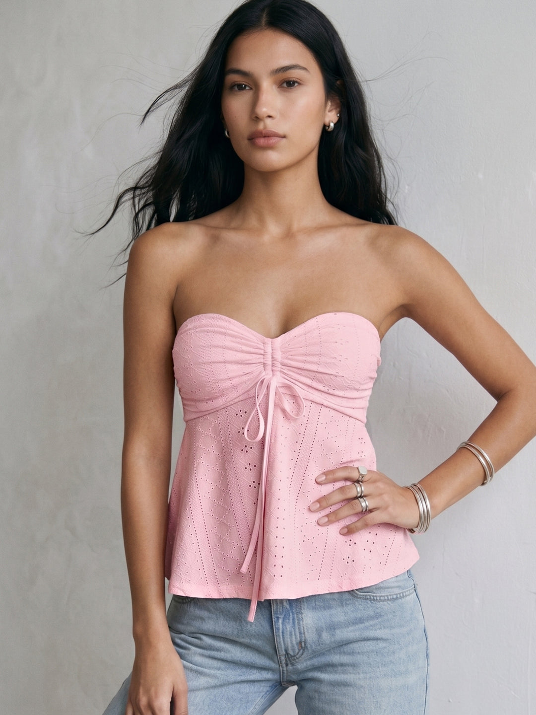 Pink Strapless Textured Knit Front Ruched Top