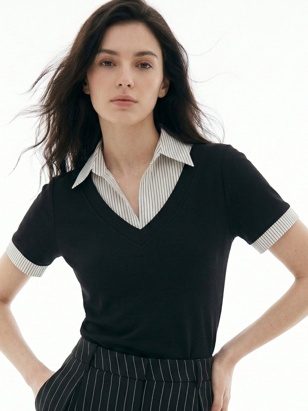 White Short Sleeve Contrast Collar Fitted Top