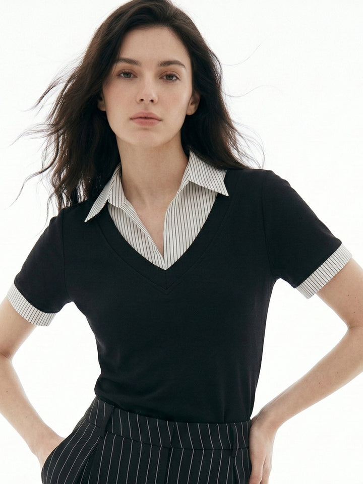 White Short Sleeve Contrast Collar Fitted Top