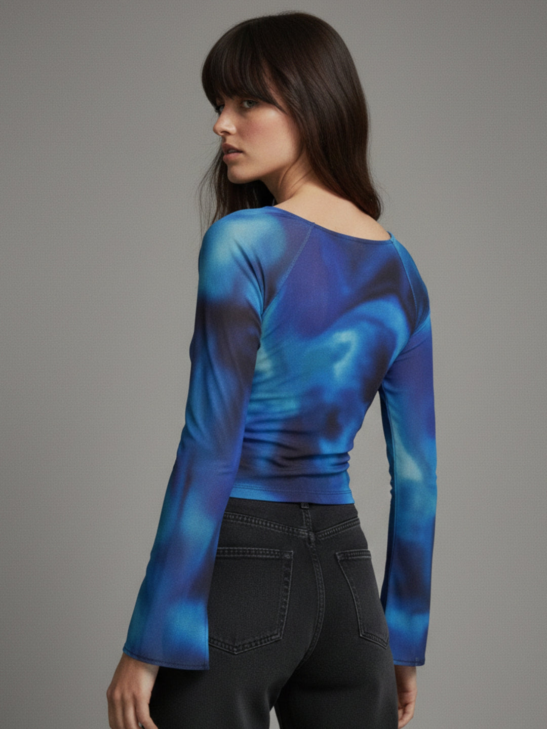 Blue Printed Mesh Wrap Top With Bell Sleeves