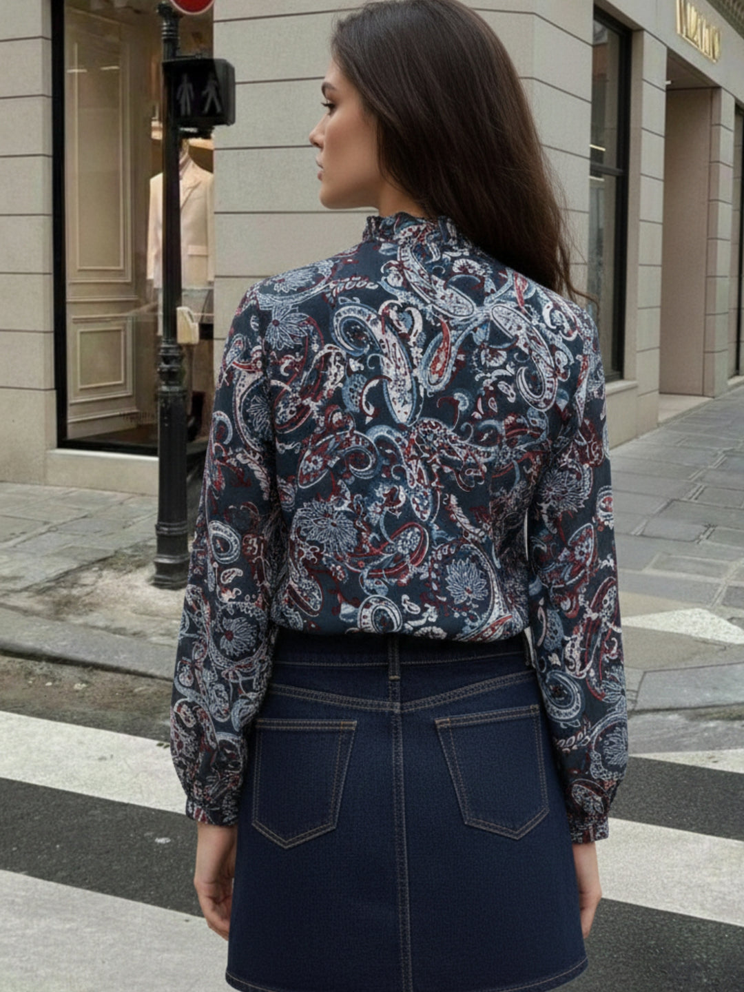 Blue Printed  Full Sleeves Top With Button Details