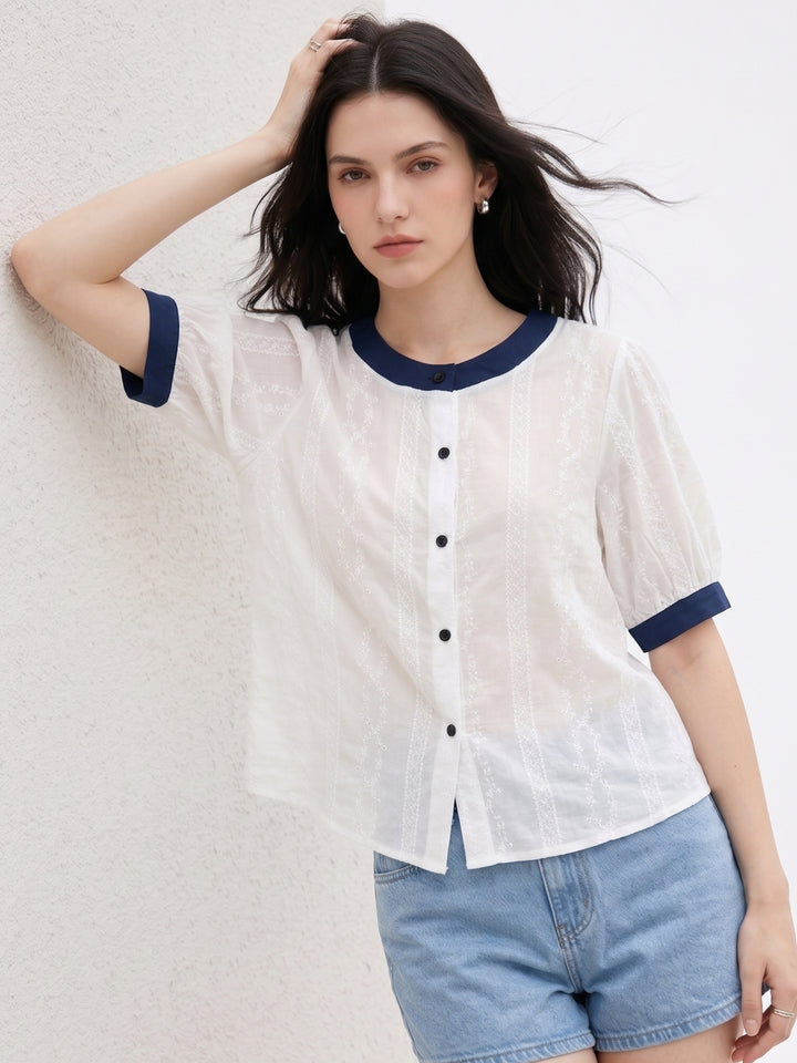 White Sheer Top With Contrast Binding