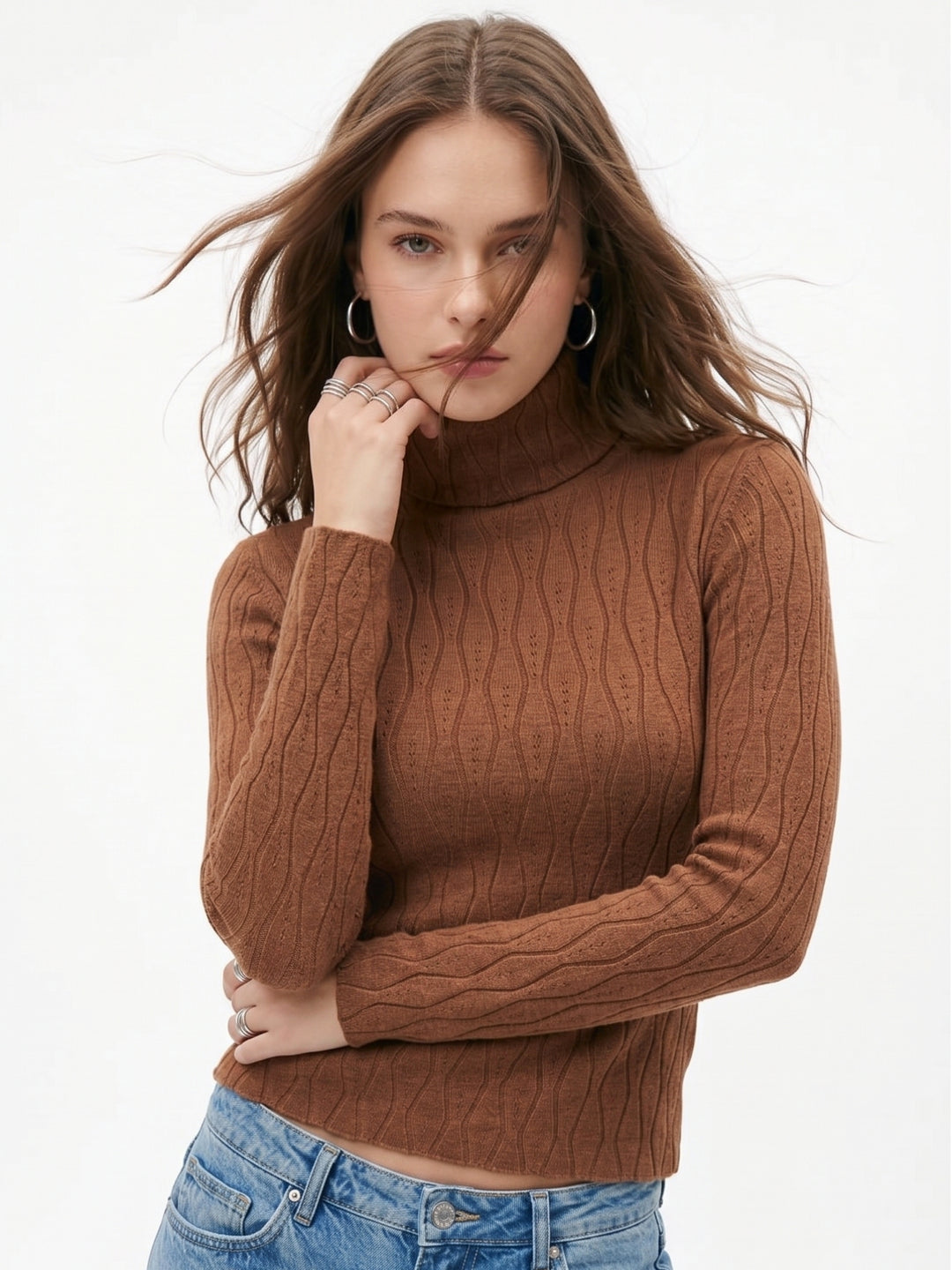 Brown Full Sleeve Textured Turtle Neck Sweater
