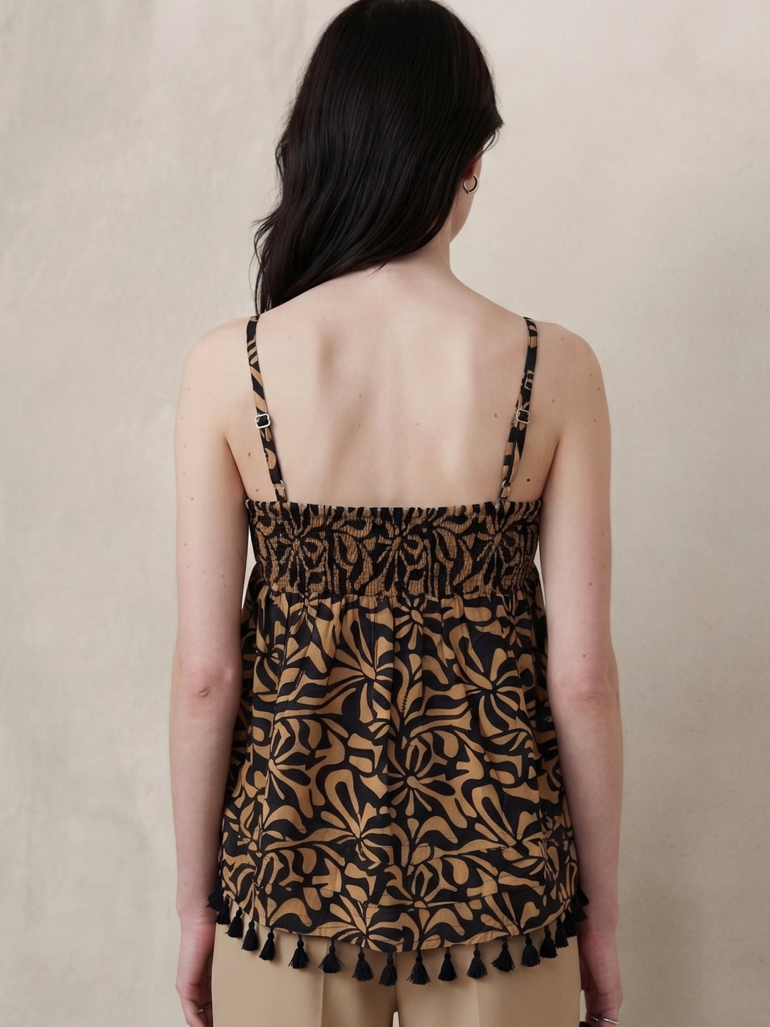 Brown Smocked Camisole With Tassles