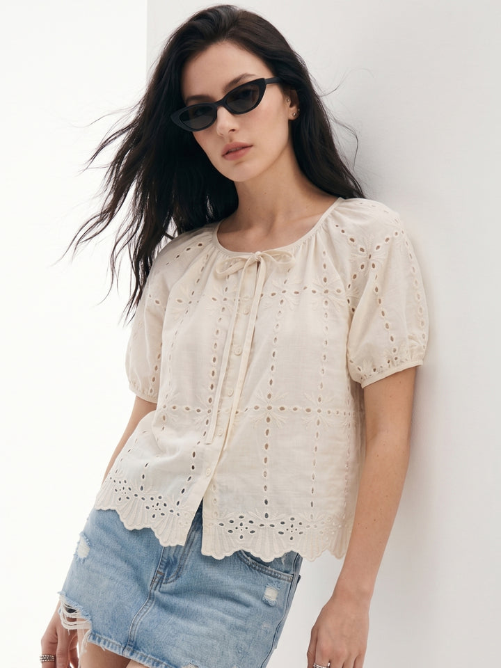 Off White Scallop Hem Front Tie-Up Schiffli Top