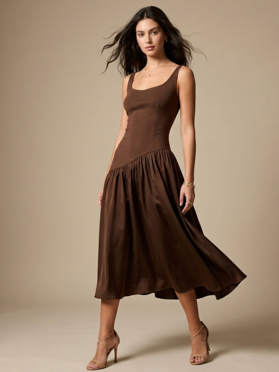 Brown Flare Hem Sleeveless Dress