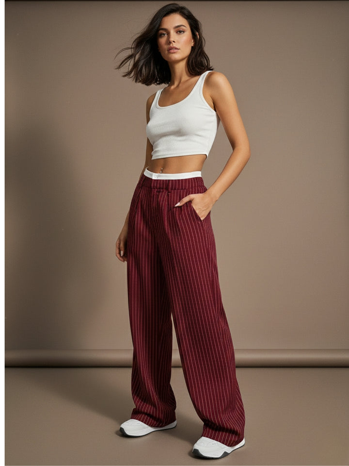 Maroon Contrast Waist Striped Wide Leg Pant