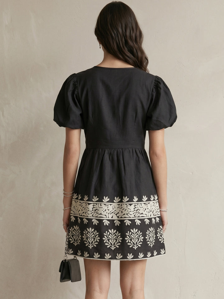 Black Short-Sleeve Floral Dress