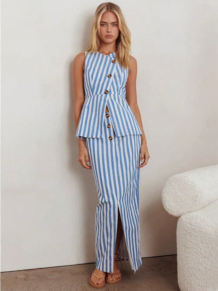 Blue Sleeveless Striped Vest And Skirt Set