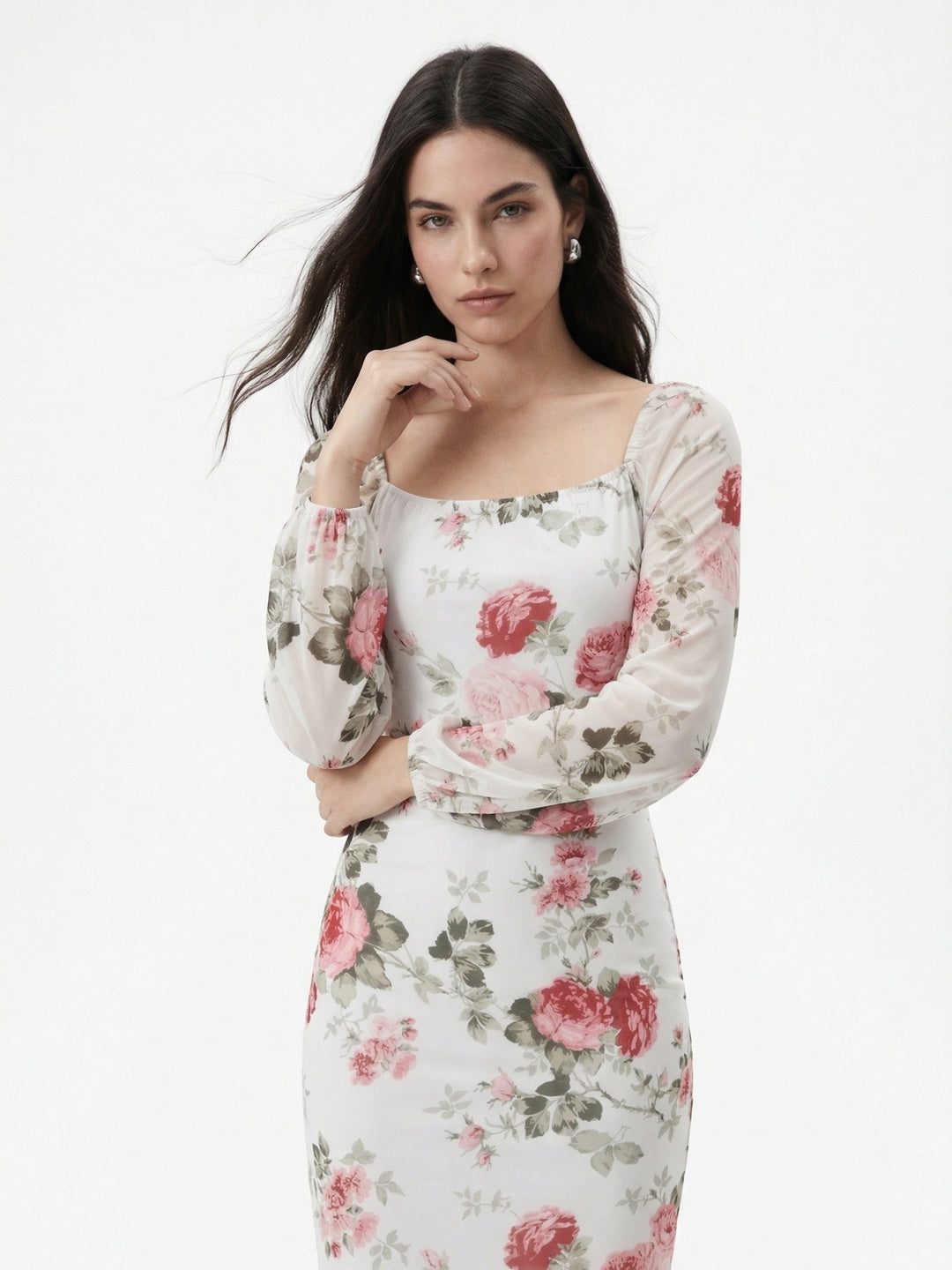 Off White Bishop Sleeve Square Neck Floral Printed Dress