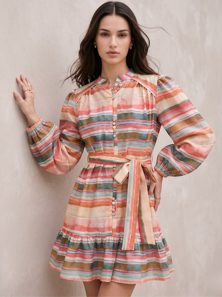 Pink Knee Length Printed Dress With Embellished Buttons Details