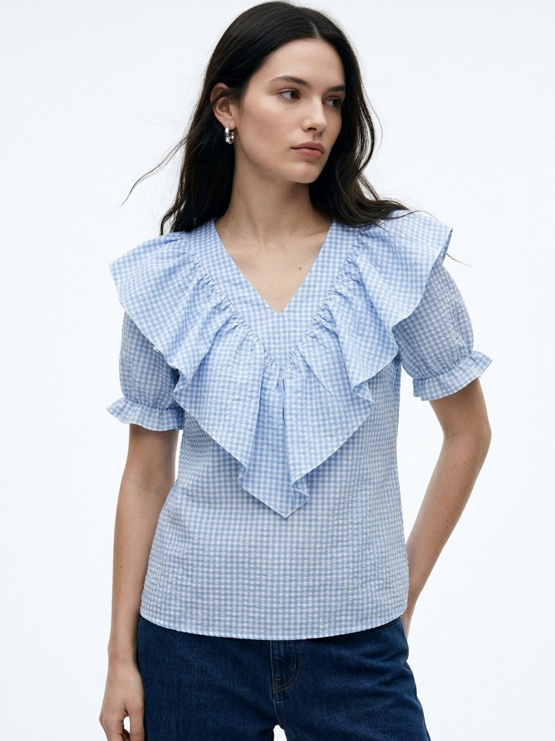 Blue Puff Sleeve Ruffle Neckline Top