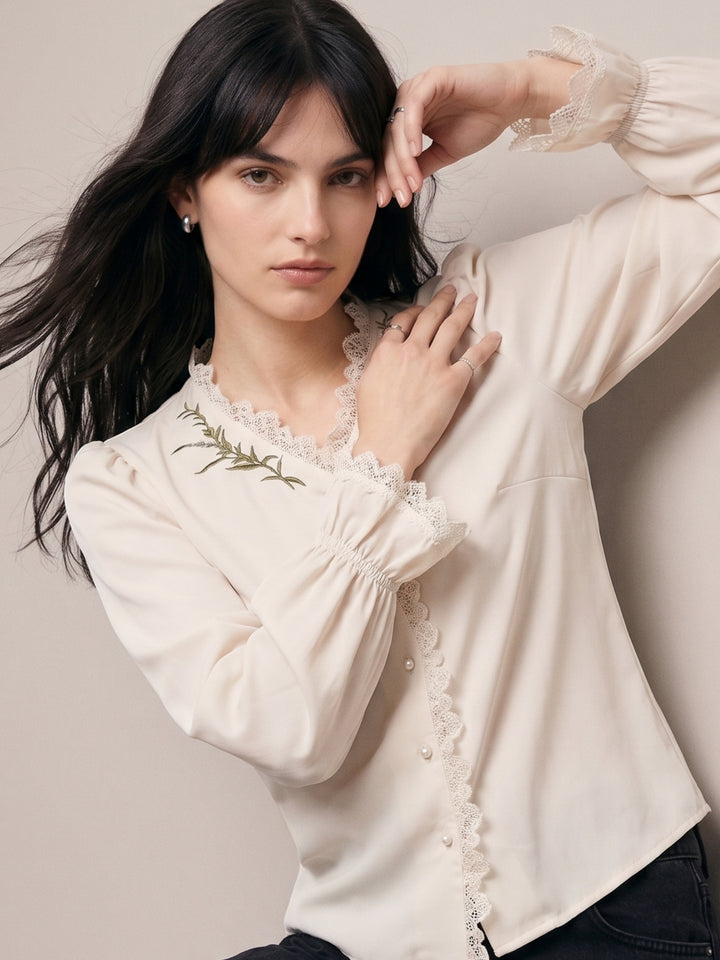 Off White Button Down Blouson Top With Lace Inserst