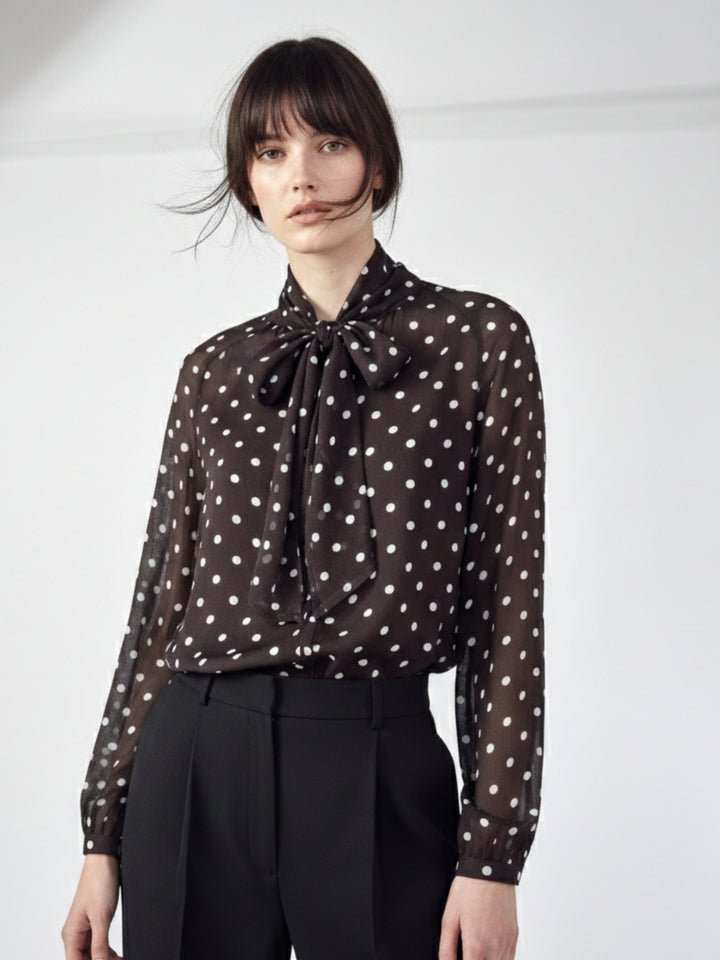 Brown Polka Dotted Neck Tie Up Top