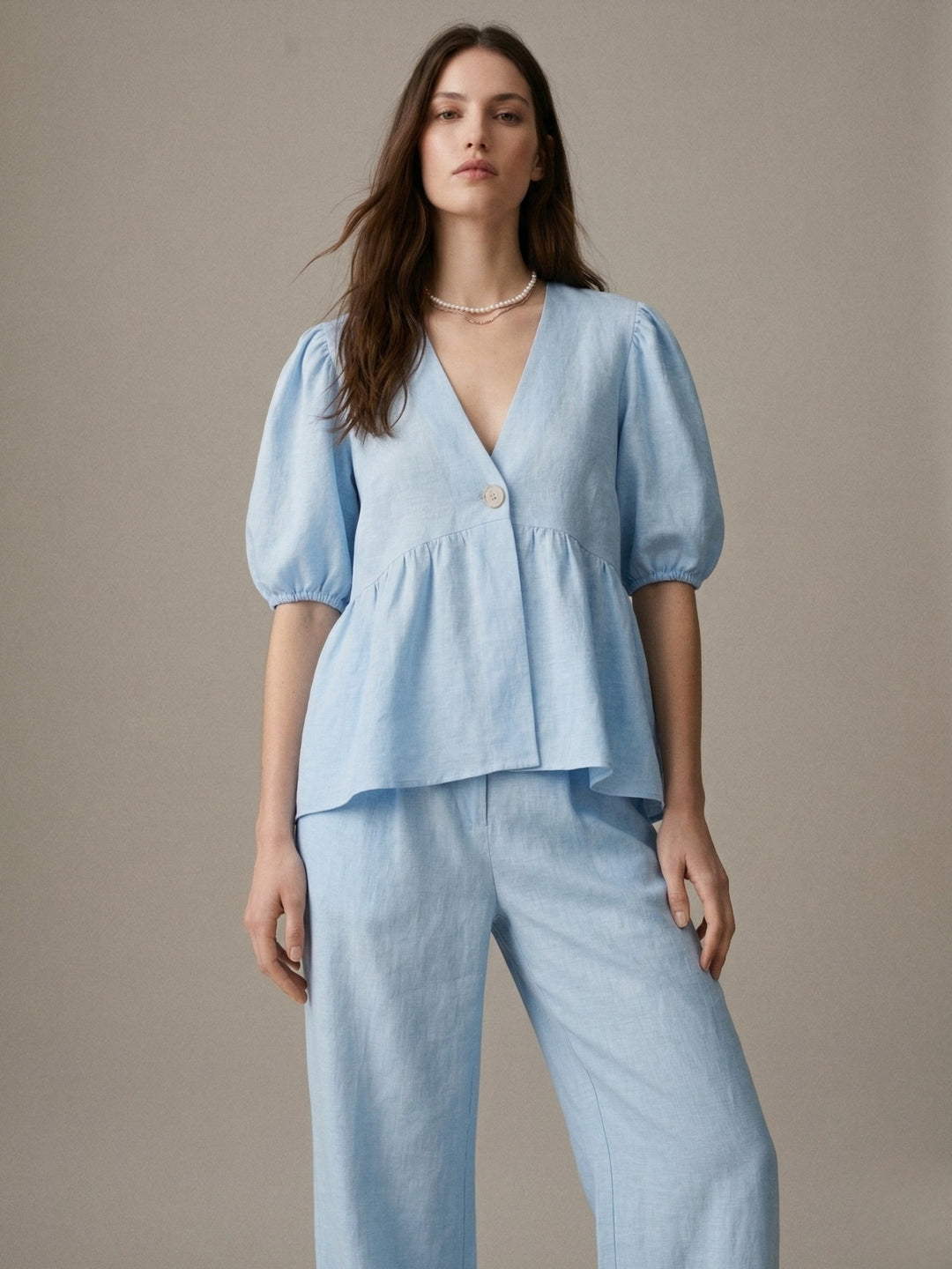Blue Puff Sleeve V Neck Flared Top And Pant Set